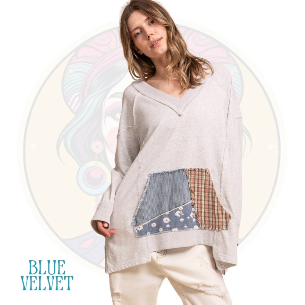 11V BLUE VELVET Mineral Wash Patchwork Top Heather Gray Blue